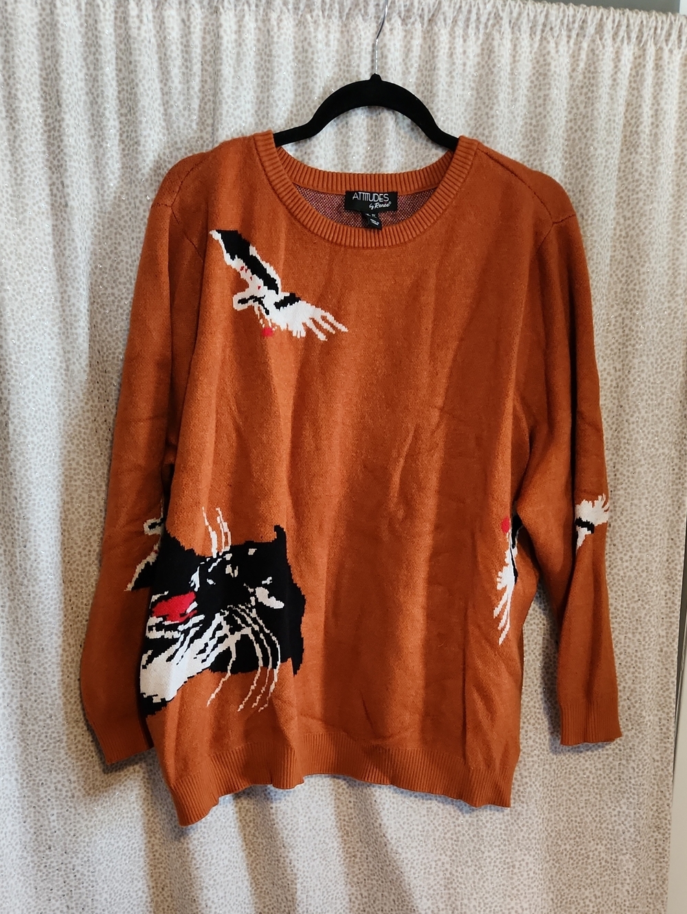 Attitudes by Renee Burnt Orange Cat & Seagull Sweater